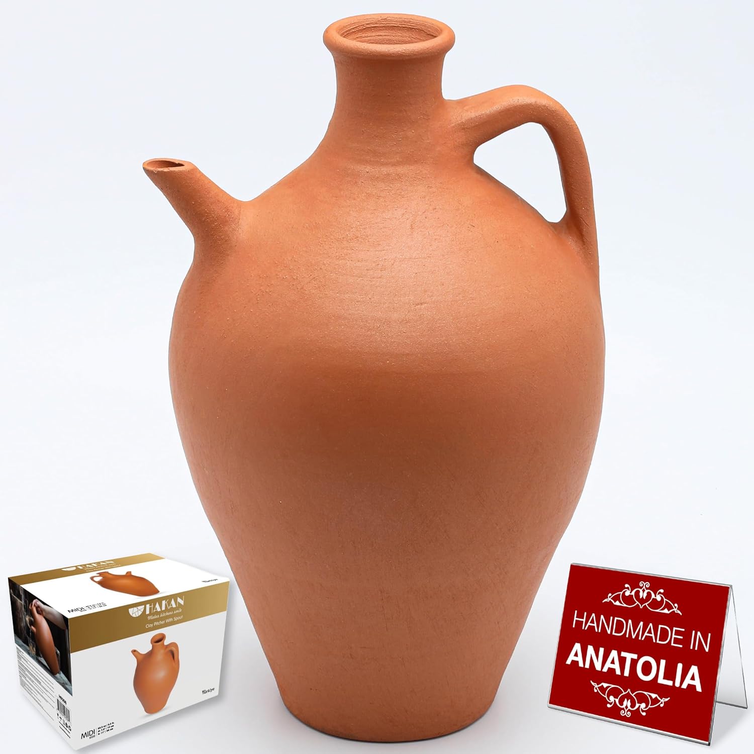 Hakan Handmade Unglazed 4.6 L, 155 Oz, Large Clay Pitcher with Spout Terracotta Pitcher, Natural Home Decor, Vintage Drinking Bottle, Earthenware Beverage Jar, Cappadocia Pottery Water Jug, 4.8-Quart
