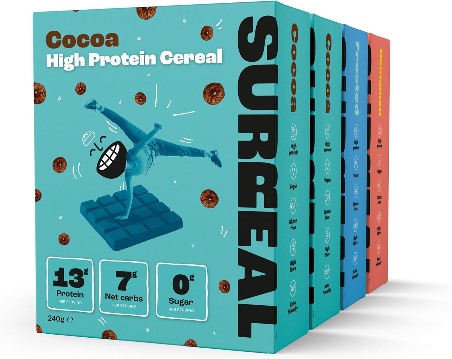 Surreal Mixed Pack - High Protein Cereal - Zero Sugar - High in Fibre - Low Carb - Gluten Free - Vegan - 13g of Protein, 0g of Sugar - 240g per Box - 4 Pack (2x Cocoa 1x Cinnamon 1x Frosted)