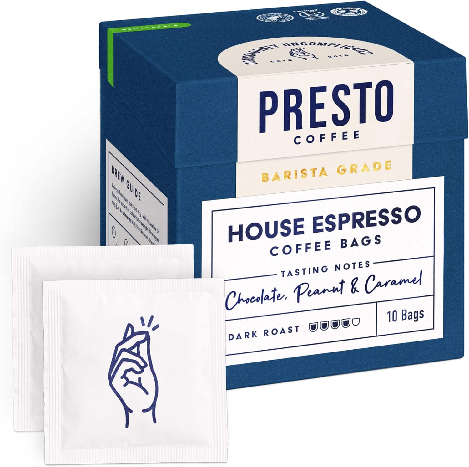 Presto Coffee House Espresso Coffee Bags, 80g - Dark Roast - Convenient Single-Serve Bags - Ideal for On-the-Go Brewing