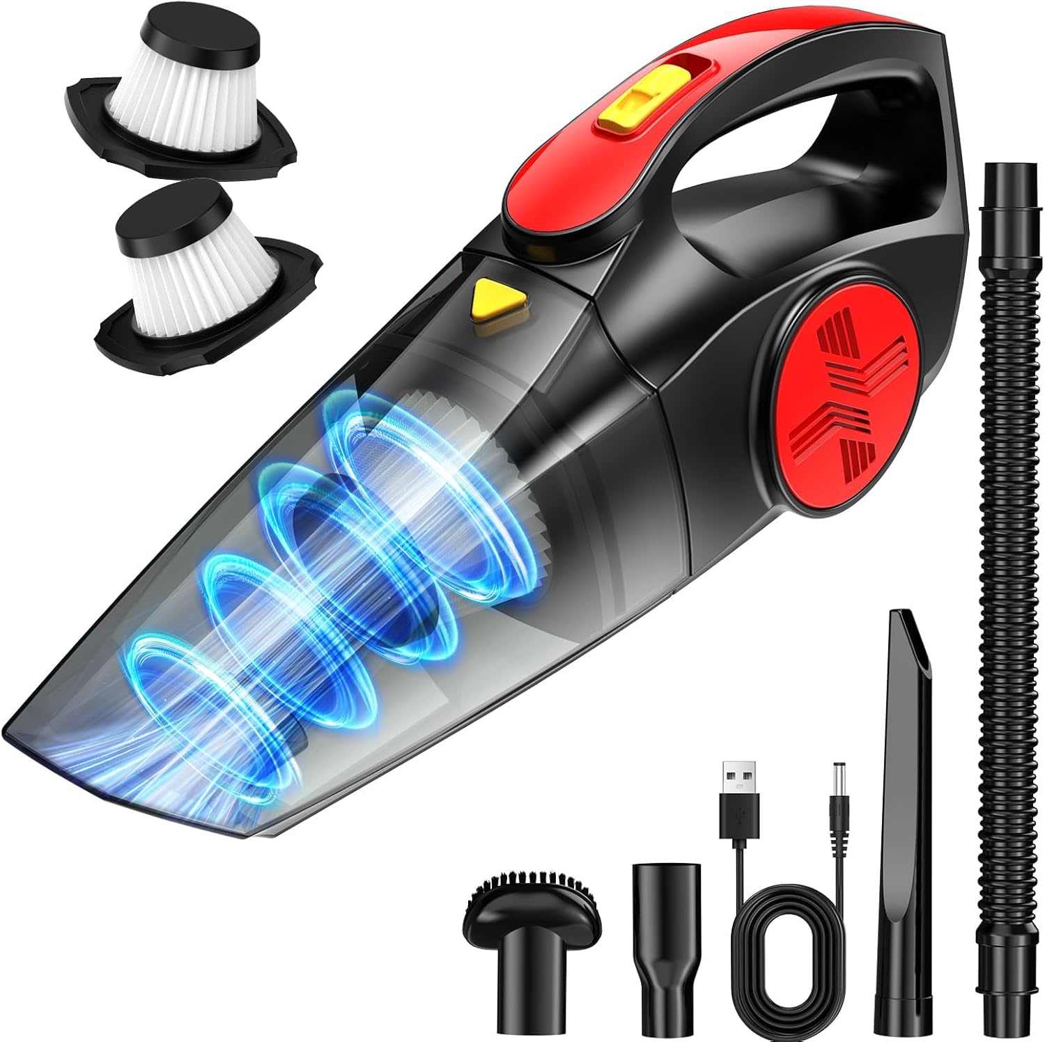 Handheld Vacuum Cleaner 2 HEPA Filters, 9000PA Power Car Vacuum Cleaner Cordless 75W 900ML Large Dust Bin Battrey Power Rechargeable Portable Vacuum Cleaning Kit w 3 Nozzle for Pet Hair, Office, Home
