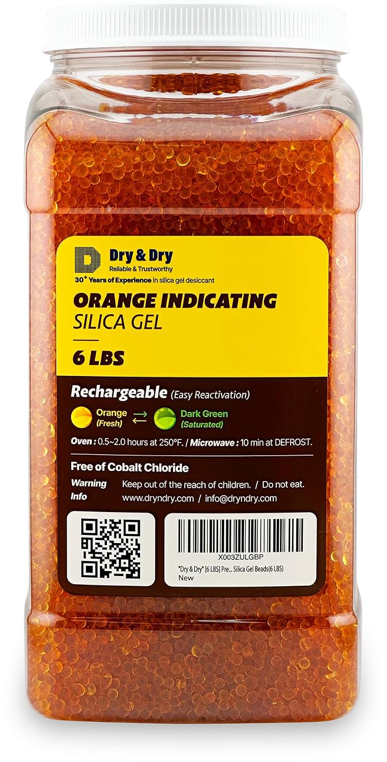 Dry & Dry [6 LBS] Premium Orange Indicating Silica Gel Desiccant Beads(Industry Standard 3-5 mm) - Rechargeable Silica Gel Beads(6 LBS)