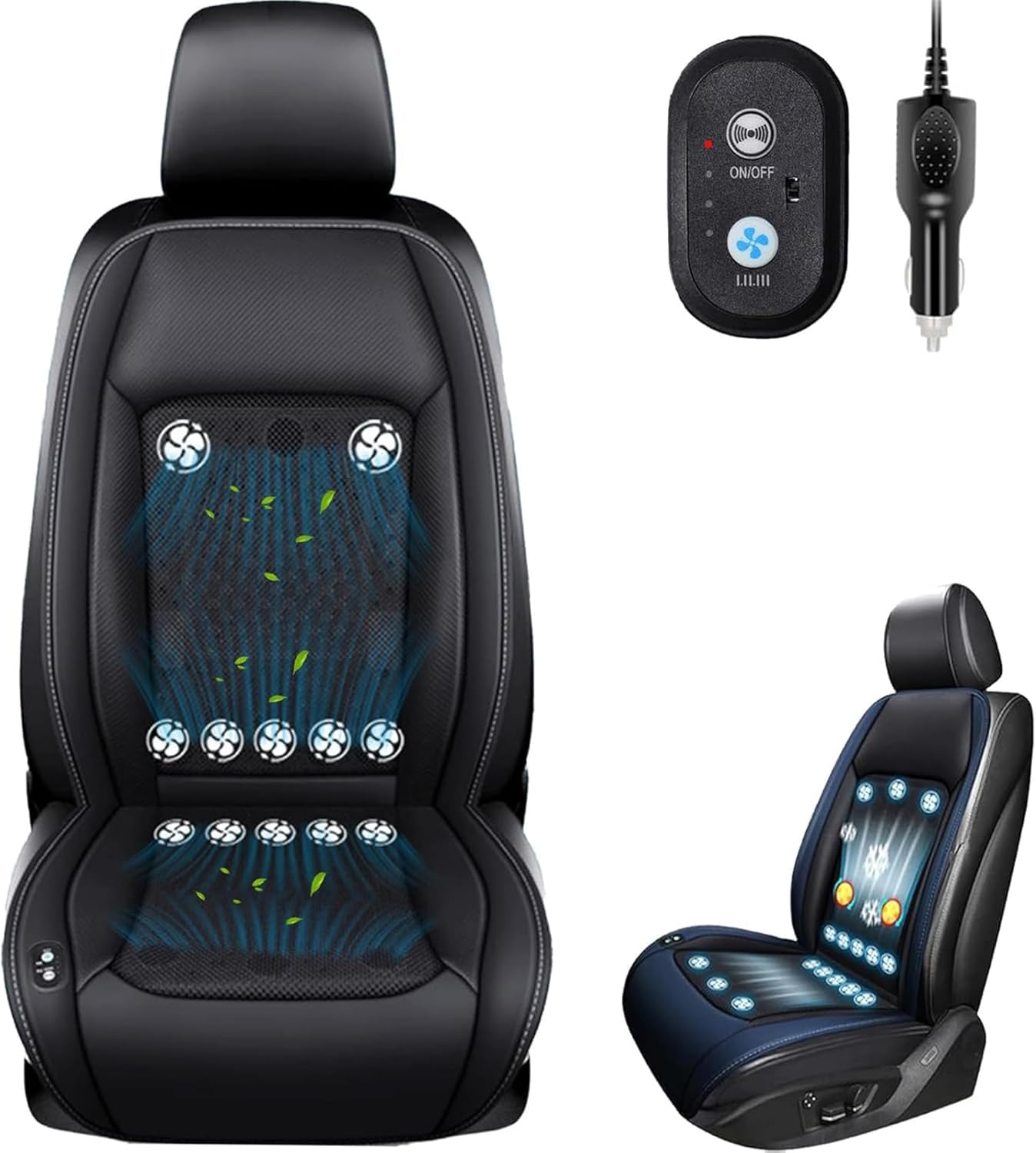 YIHANGG Cooling Car Seat Cushion, Ventilated Seats with Massage, 3-Speed Adjustable, Automatic Stop, for Car Truck MPV SUV(12V - Cigarette Lighter Socket + USB,Blue(12 Fans))