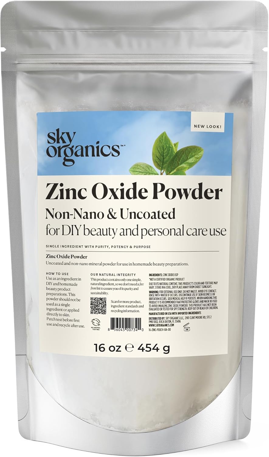 Sky Organics - Zinc Oxide Powder, 16 oz - Non-Nano & Uncoated - Make Your Own Lotion, Deodorant, Cream, Soap - DIY Essentials - Resealable Bag - Natural, Vegan & Cruelty Free - Beauty & Personal Care