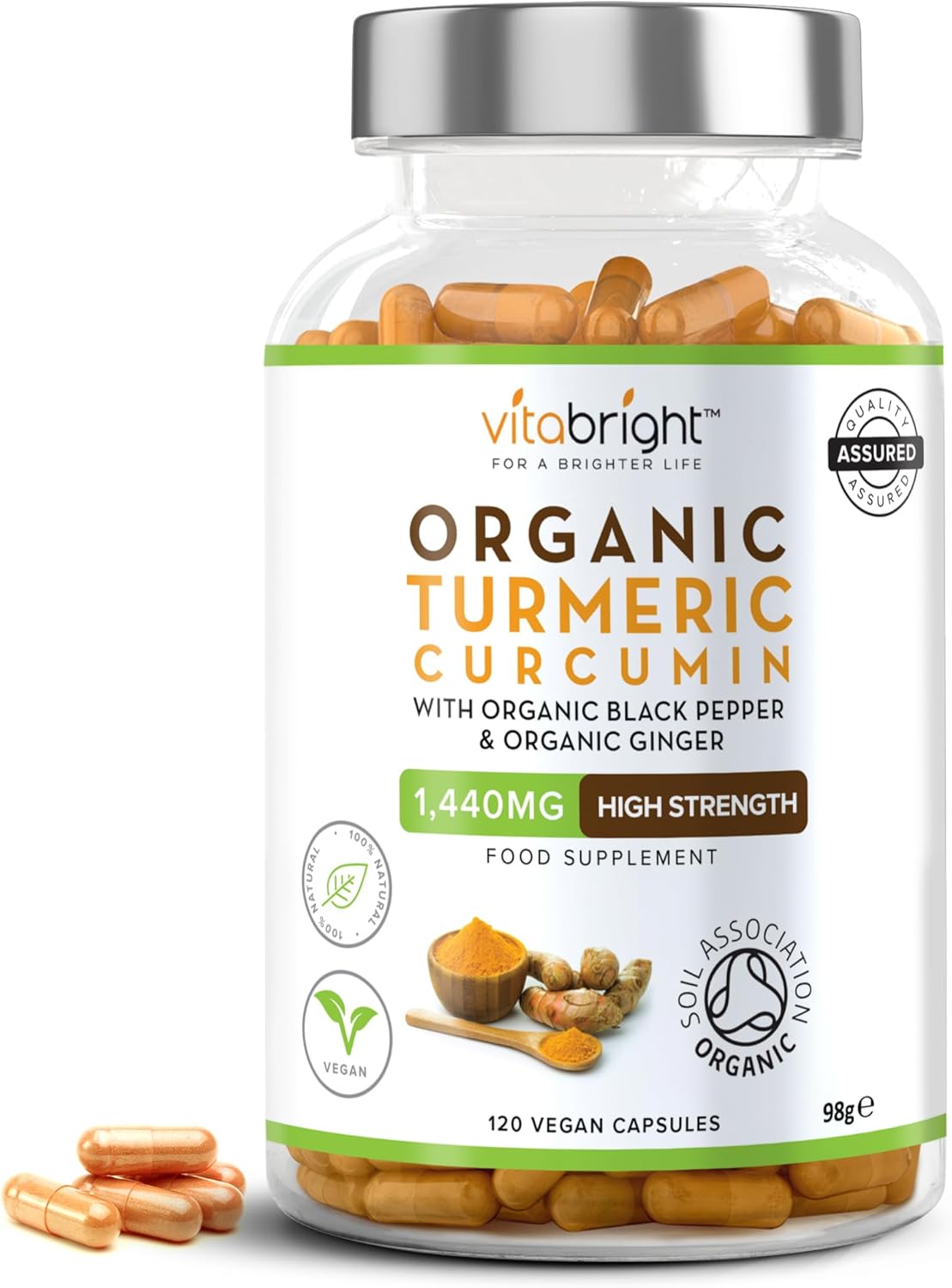Turmeric and Black Pepper Capsules | 1440mg Dose | 120 Tablets | 2 Month Supply | 2 A Day | Herbal Supplements | High Strength Curcumin | VitaBright Organic Tumeric Supplement