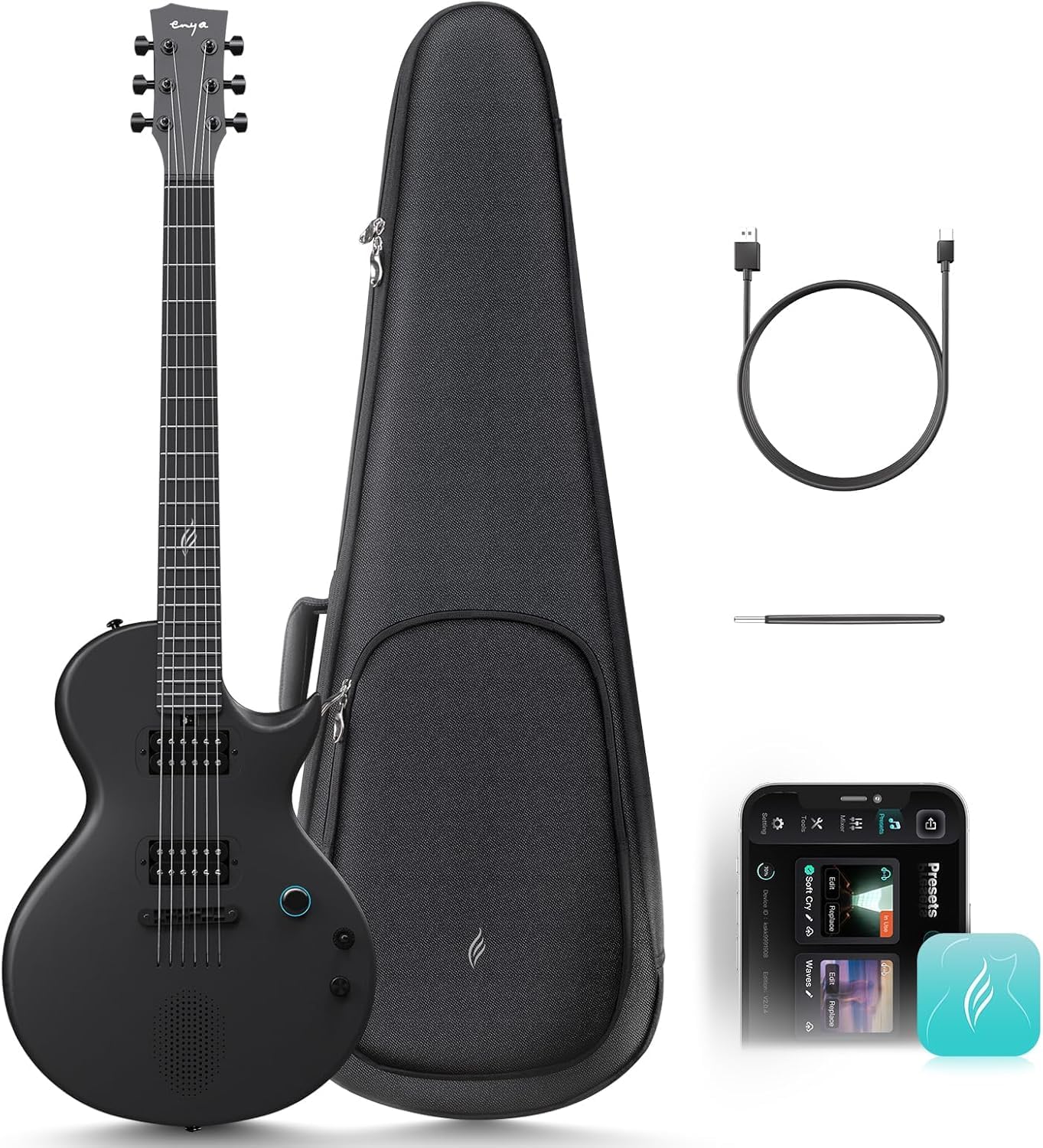 Electric Guitar Nova Go Sonic - 1/4 Black Smart Electric Carbon Fiber Guitarra with 10W Wireless Speaker, Onboard Presets, Charging Cable, Adjusting Wrench, and Gig Bag