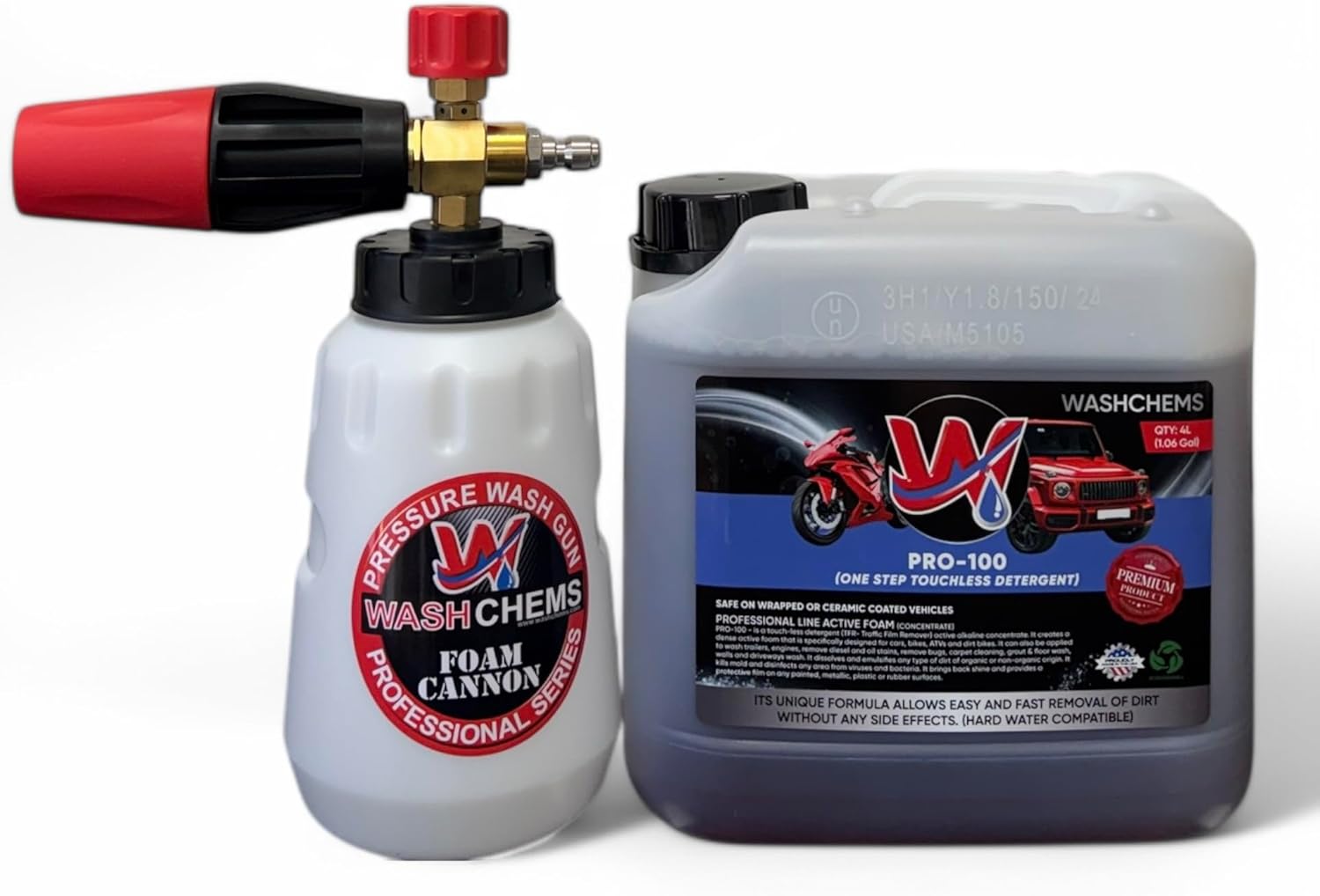 Wash Chems PRO-100 Touchless Car Wash Detergent Soap with Foam Cannon Combo (1 Gallon, 128 oz.) No Brushing - Heavy-Duty Commercial Grade Professional Auto Cleaner - Great for Trucks & Tractors
