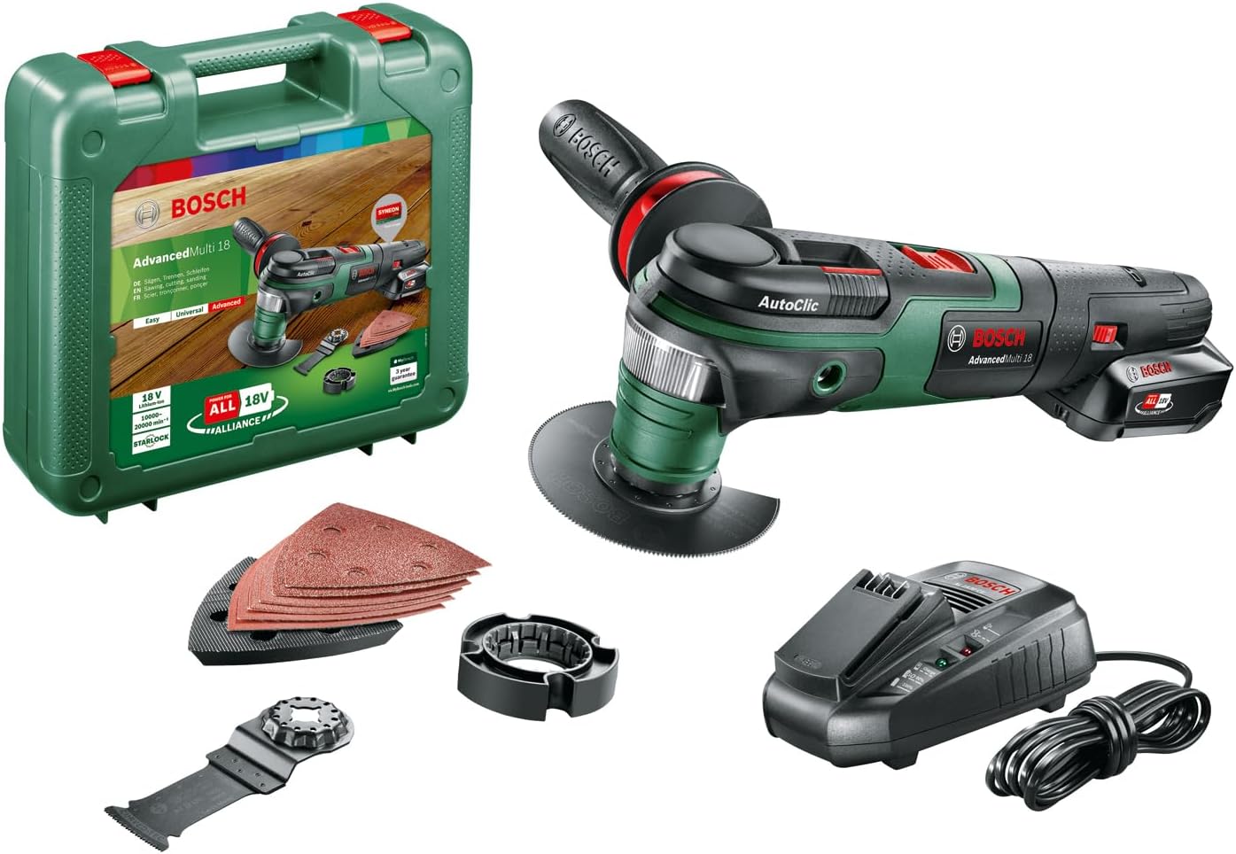 Bosch 603104071 AdvancedMulti 18 Cordless Multifunction Tool with 18 V Lithium-Ion Battery, Green