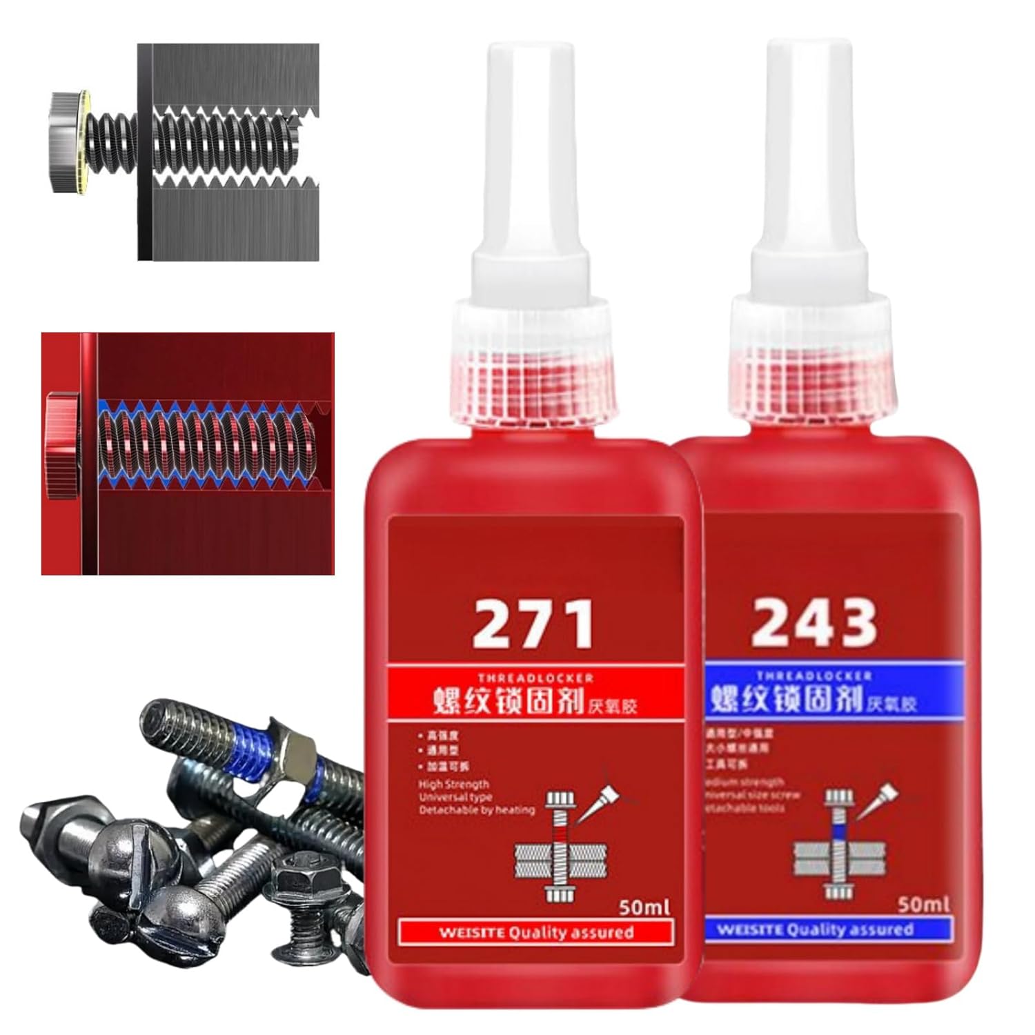 Thread Lock Blue and Red,2X 50ml Locktight Threadlock Medium and High Strength,Locking and Sealing Metal Nuts and Bolts,Lock Tight Thread Lock for Nuts,Bolts,Bearings,Fasteners and Screws,Threadlocker