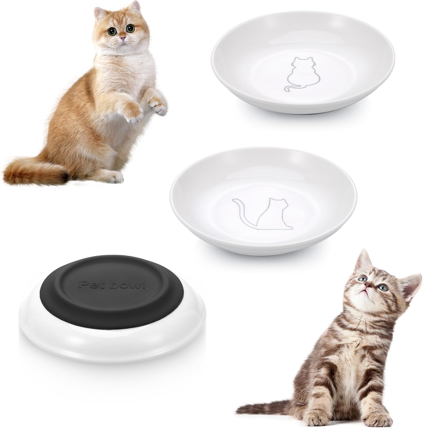 Hejo Cat Bowl Ceramic, 3PCS Cat Plates, Shallow Cats Dishes with Non-Slip Bottom, Kitten Food Bowls with Different Cat-Shaped Patterns, Feeding & Watering Supplies for Cats, Small Dogs, Rabbits