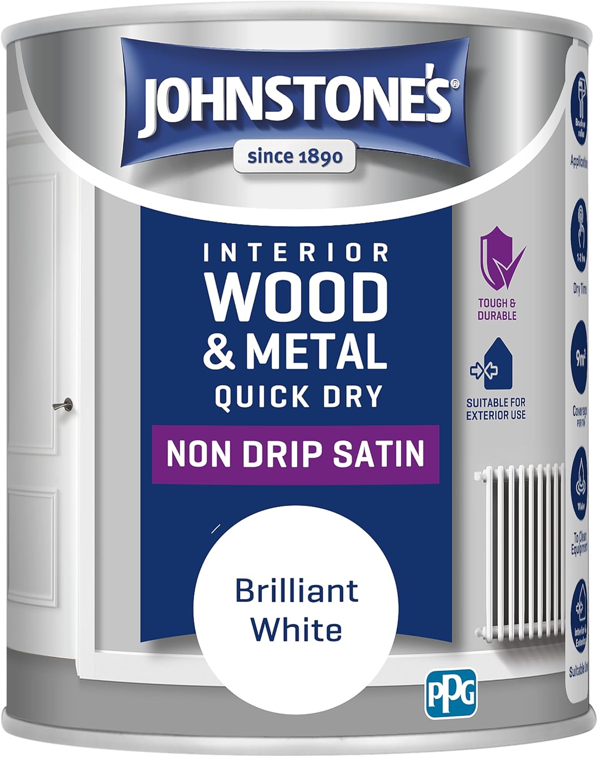 Johnstone's - Wood & Metal Paint - Satin Finish - Brilliant White - 750ml - Water Based - Non Drip & Quick Drying - Radiator Paint - Low Odour - Dry in 1-2 Hours - 8m2 Coverage per Litre