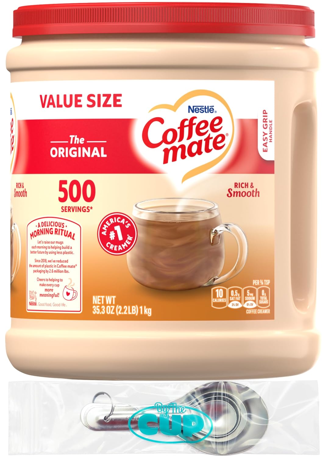 Coffee mate Original Powder Creamer, 35.3 oz Canister with By The Cup Stainless Steel Measuring Spoons