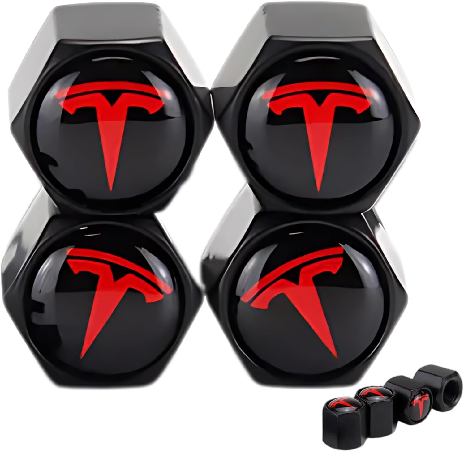TACTILIAN Red Tire Valve Stem Caps for Tesla Model 3, S, X, Y | Leakproof Aluminum Tire Valve Caps with Rubber O-Rings Compatible with Tesla Car Accessories | Tire Valve Stem Covers Tire Caps 4 Pack