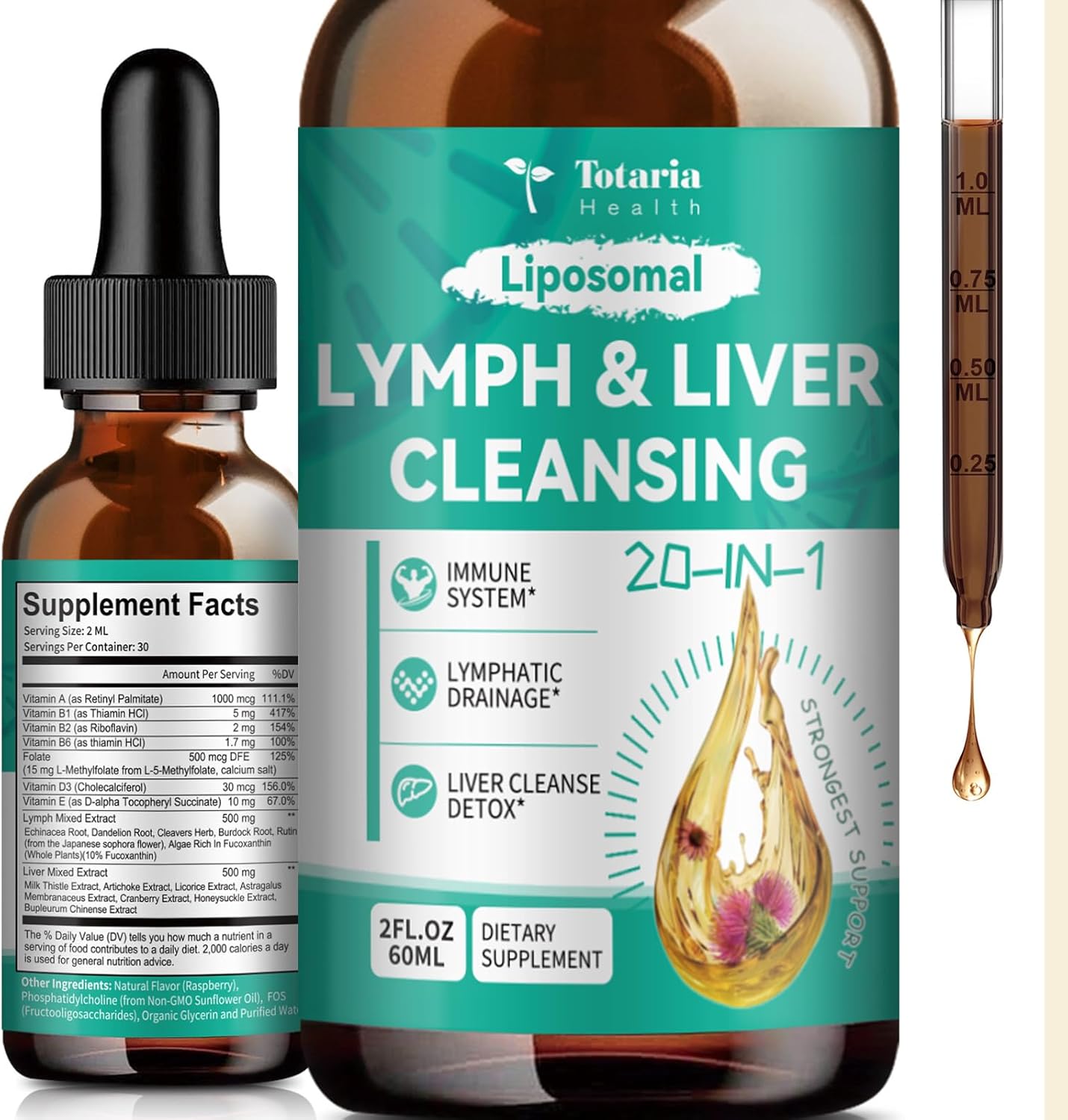 Strongest ''Lymph-Liver'' Cleanse Detox, Liposomal Organic Milk Thistle, Echinacea, Artichoke Lymphatic Drainage & Liver Repair Supplement with All Vitamins, 2 Fl.Oz