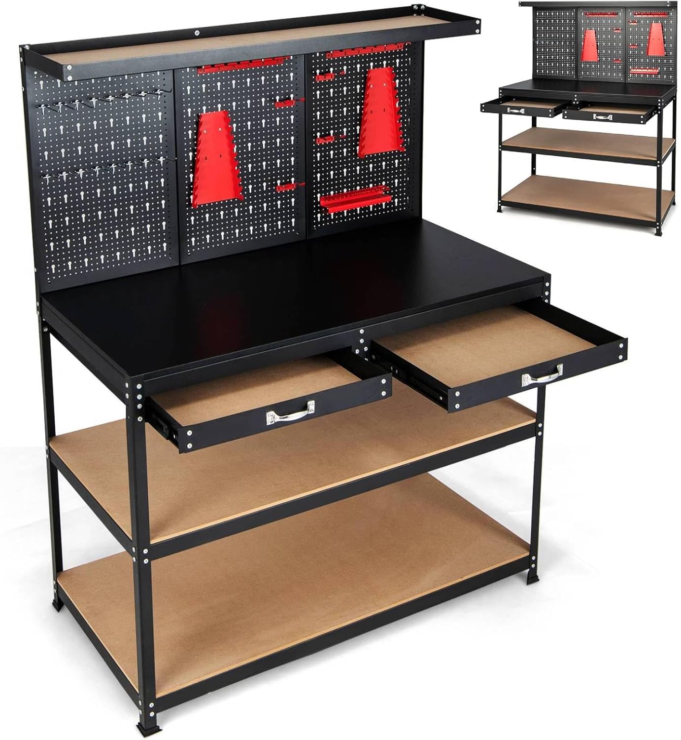 HOMFME Tool Workbench, Metal Garage Work Bench with Pegboard, 2 Drawers and 25 Hanging Accessories, Heavy Duty Worktop Tool Storage Station, 435kg Weight Capacity