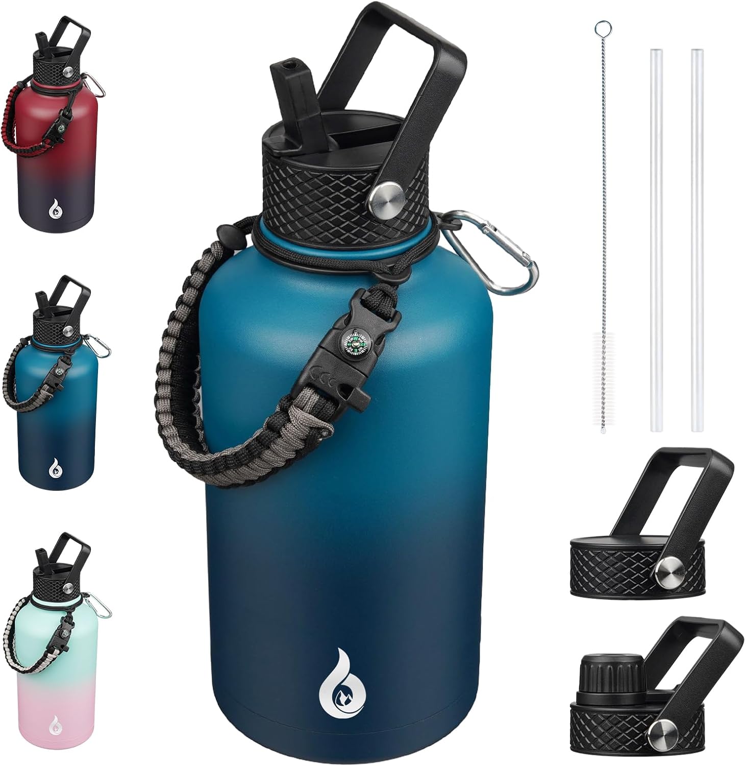 BJPKPK Half Gallon Insulated Water Bottles with 3 Lids and Paracord Handle, 50oz, 64oz, 87oz, 128oz Large, Stainless Steel Water Bottles with Straw Lid, Half Gallon Water Jug,Vast