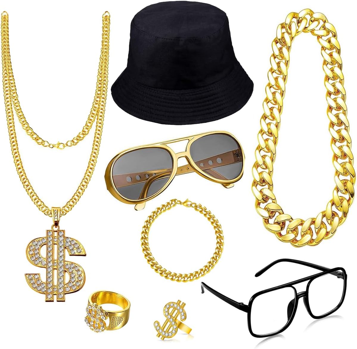 80s 90s Hip Hop Costumes Outfit for Men, ﻿8 Pcs Fake Gold Chain Money Sign Necklace Sunglasses Hat, Dollar Sign Finger Ring for Men Women Rapper Jewelry Accessories