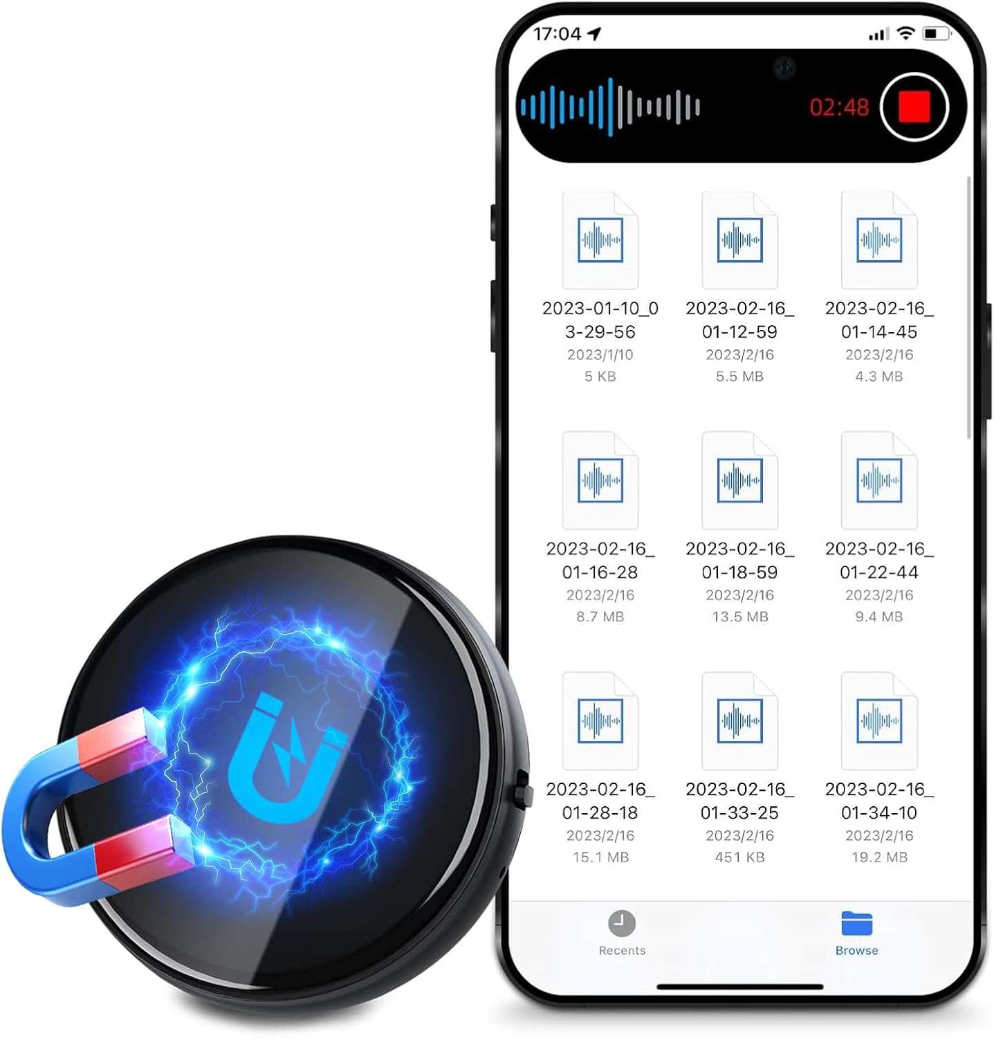 COHANA 64GB Voice Recorder, 3072Kbps Magnetic Audio Recorder with AI Noise Cancellation, 4000Hours Digital Voice Recorder, USB-C, Stereo Microphone