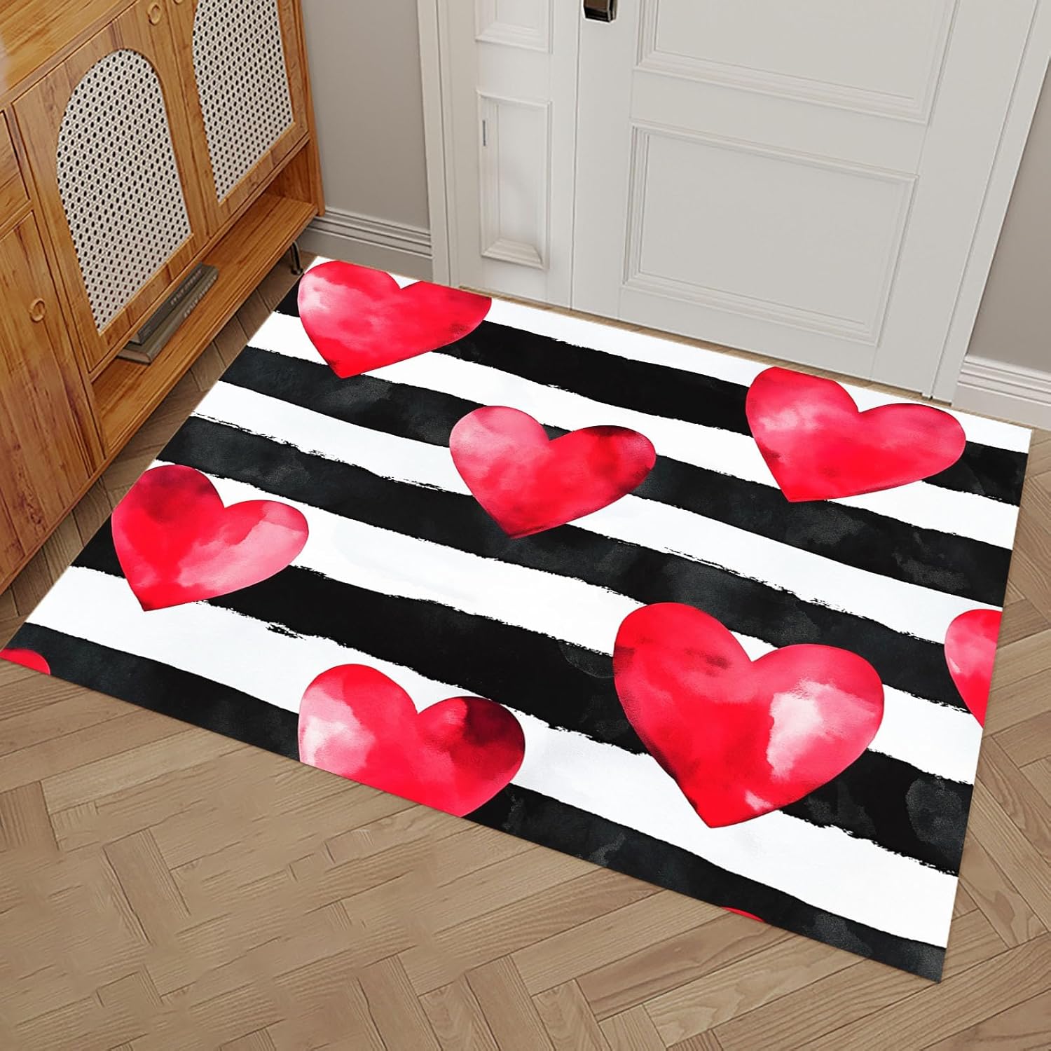 CECE&COLE Door Mats Washable,40x60 CM Indoor Non-slip Dirt Trapper Floor Mat, Stripes Heart Printing Inside Front Door Mats,Absorbent Low Profile Mat for Kitchen,Garden,Hall Entryway