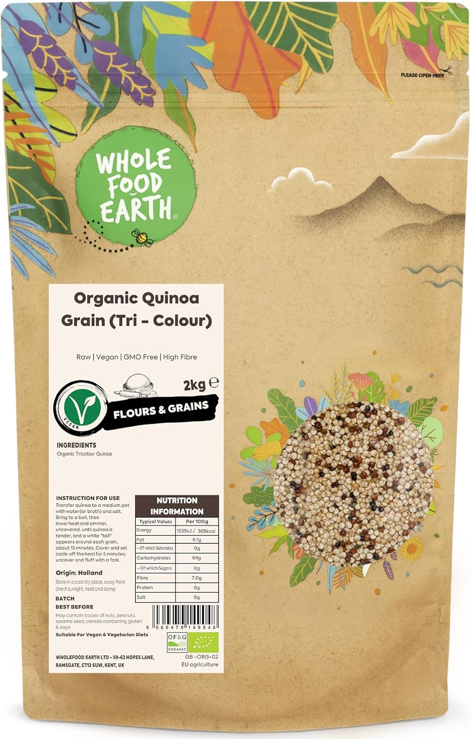 Wholefood Earth Organic Quinoa Grain (Tri-Colour) – 2 kg | Raw | Vegan | GMO Free | High Fibre | Certified Organic