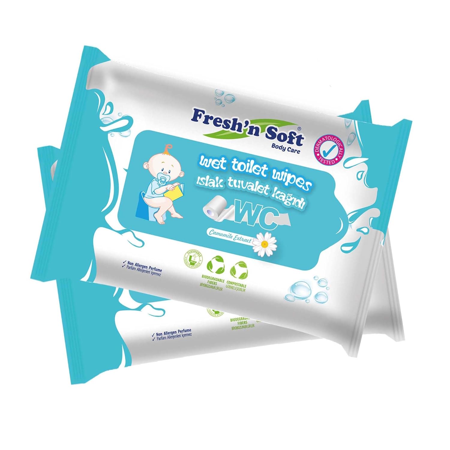 Fresh'n Soft Flushable Wet Toilet Wipes for Kids with Chamomile Extract, Biodegradable Flushable Wipes for Daily Use, (2 Pack (120 Wipes))