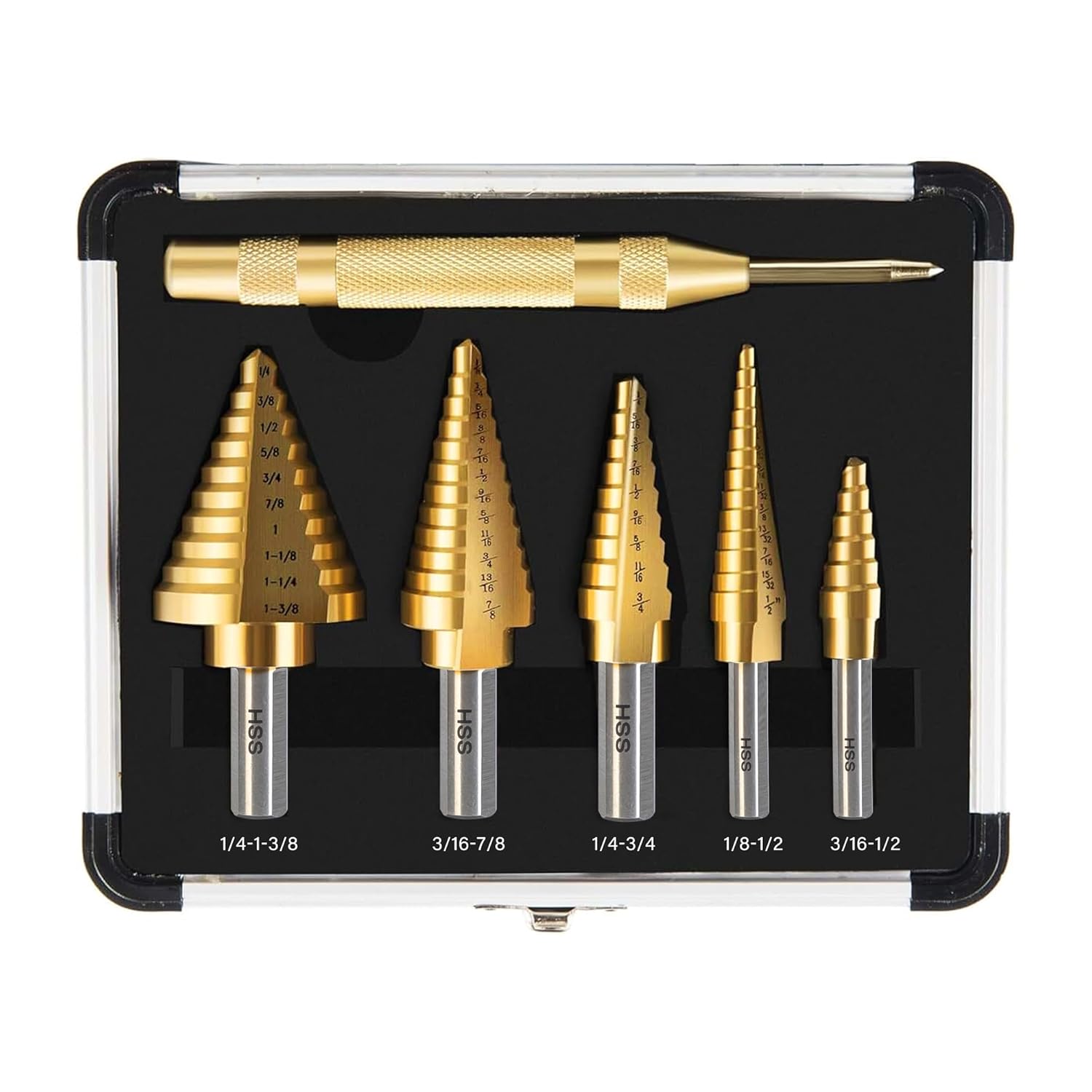 Step Drill Bit Set, 6 Pcs Titanium High Speed Steel Step Drill Bits with Extra Automotive Center Punch for Metal, Wood & Plastic, with Aluminum Case, 50 Sizes