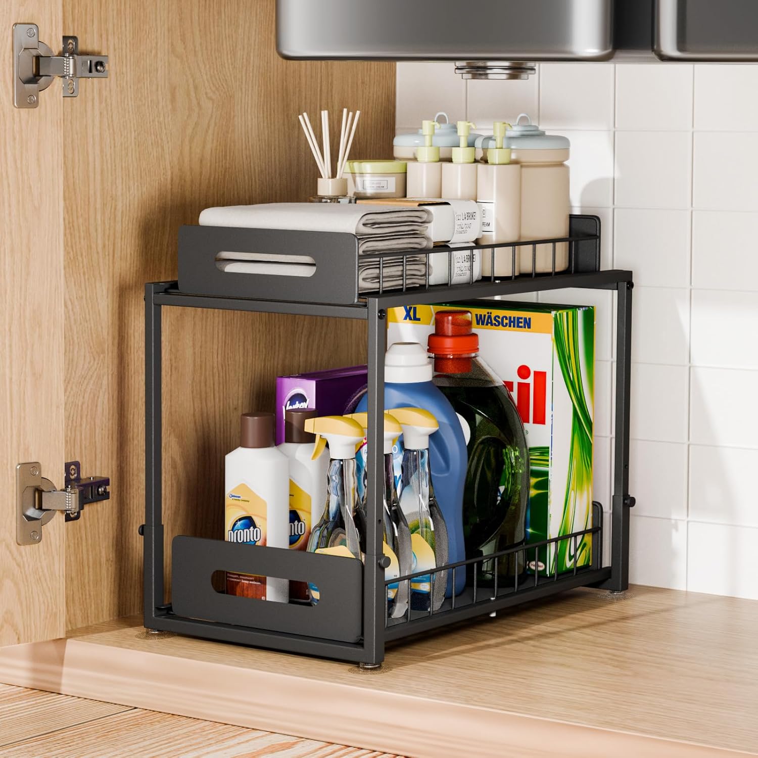 Under Sink Organizer and Storage, 2 Tier Pull Out Under Cabinet Organizer Shelf, Adjustable Height, Thickened Metal Slide Out Under Sink Storage for Kitchen Bathroom Cabinet