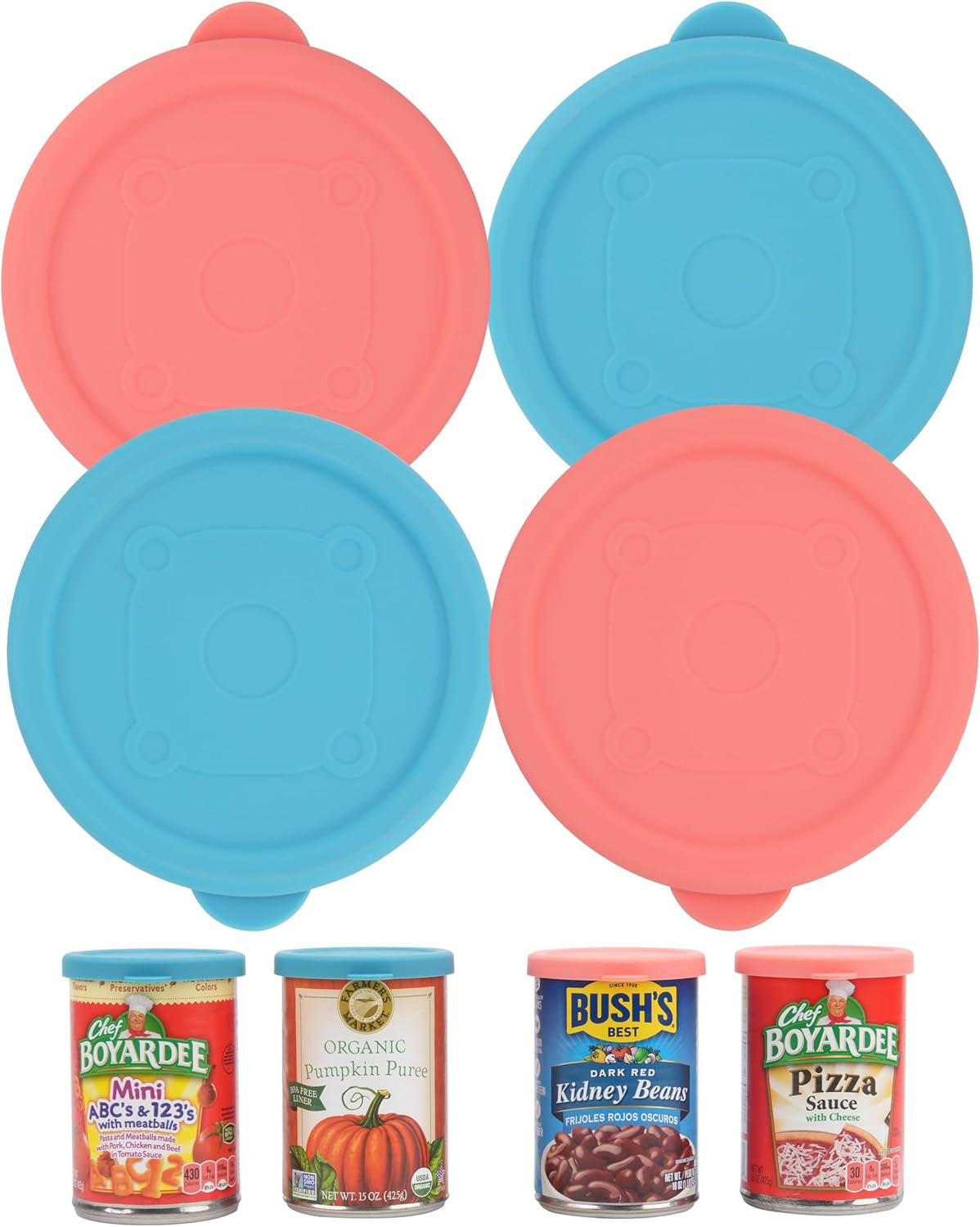 4PCs 3-inch Silicone Can Lids for Chef Boyardee | Van Camp's | Goya | Bush's Best | Farmer's Market Can, Can Cover for Canned Good, Can Toppers, Freezer Dishwasher Safe (Can NOT Included)