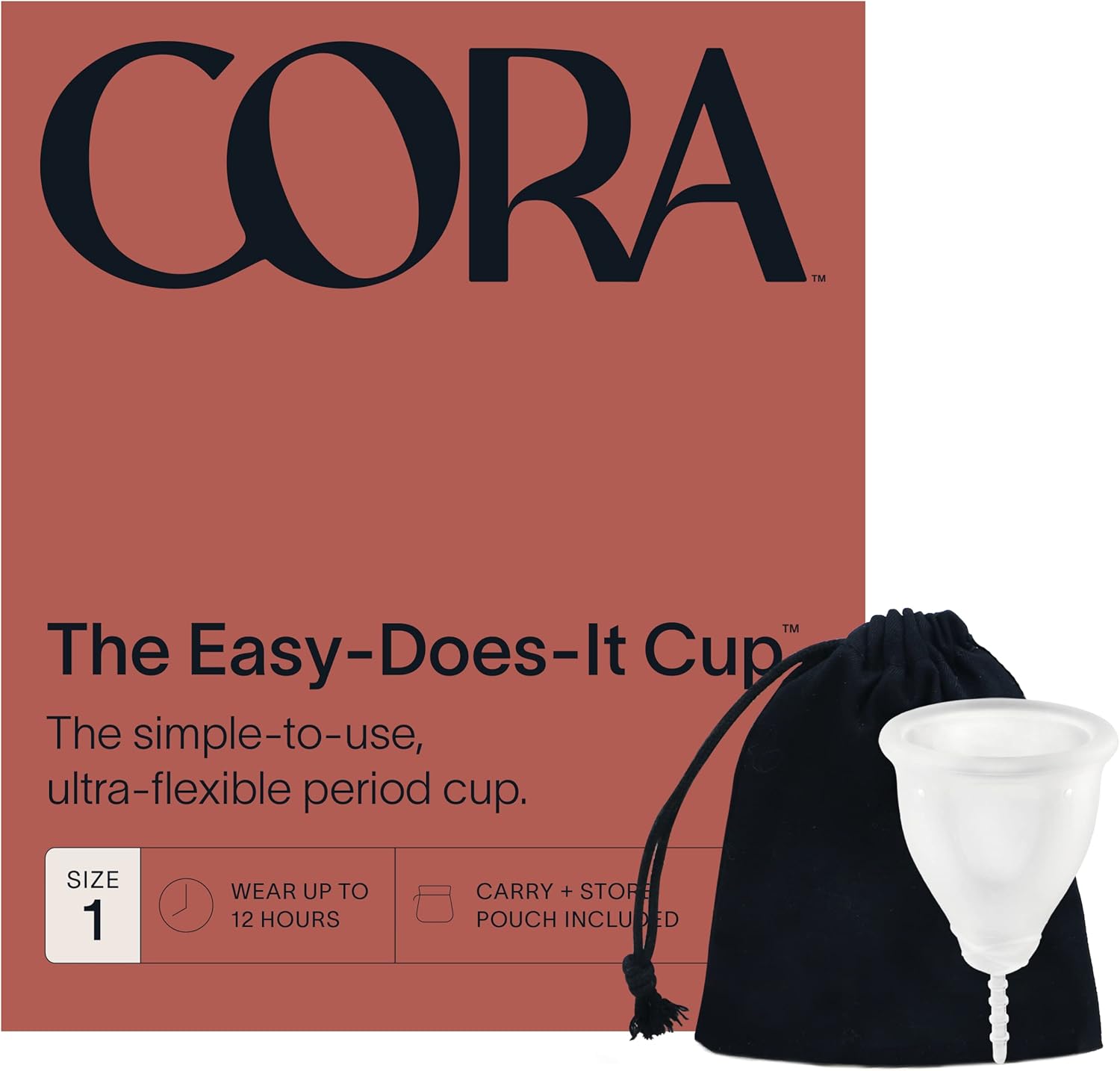 Cora Menstrual Period Cup | Comfortable, Easy to Use | Soft, Medical Grade Silicone | Flexible Fit | Leak Protection, Foldable, Sustainable, Reusable Alternative to Tampons/Pads (Size 1)