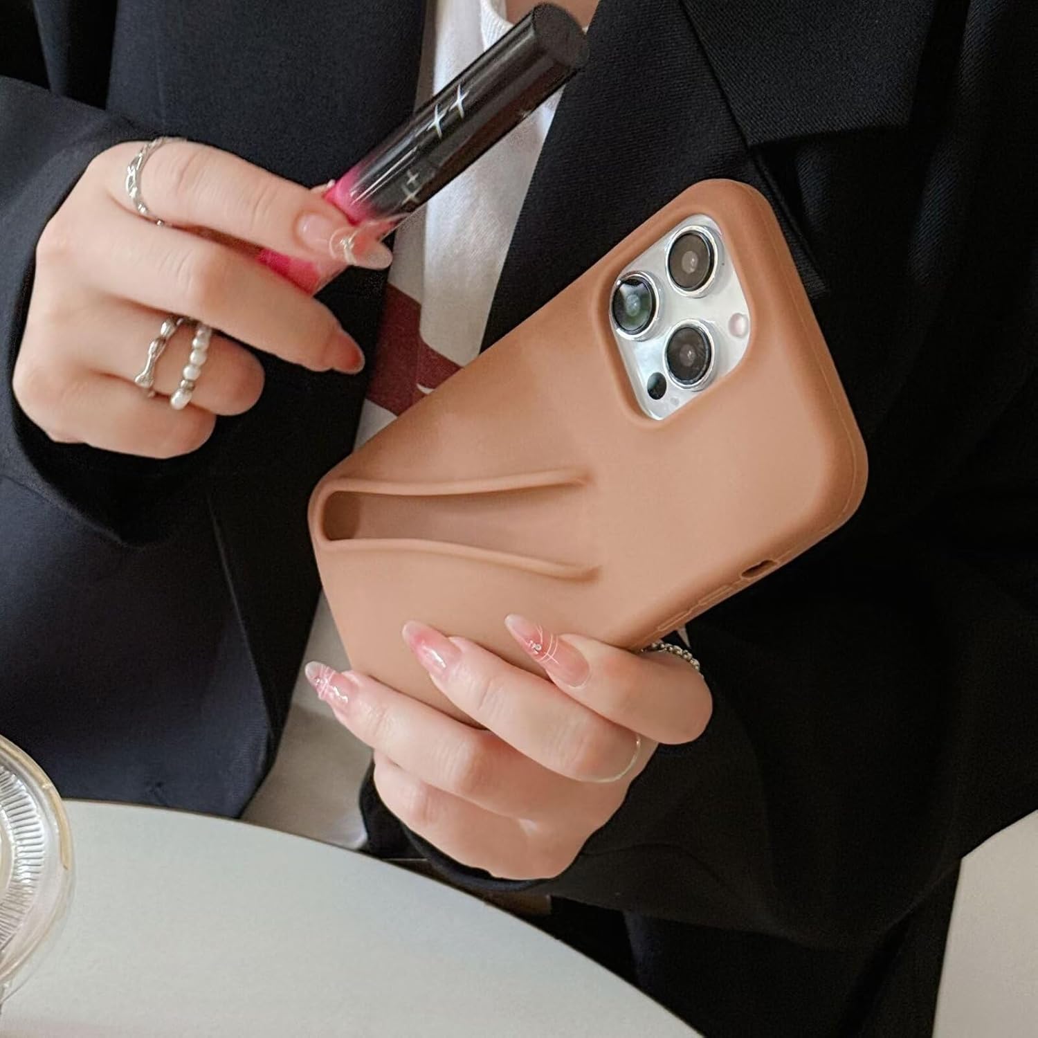 Silicone Phone Case for iPhone 16 Pro Max Brown | Lip Gloss Holder, Lipgloss Case, Lipstick, Lip Glaze, Designed, Stylish, Funny, Women Girls Cover, 6.9 inch, 2024