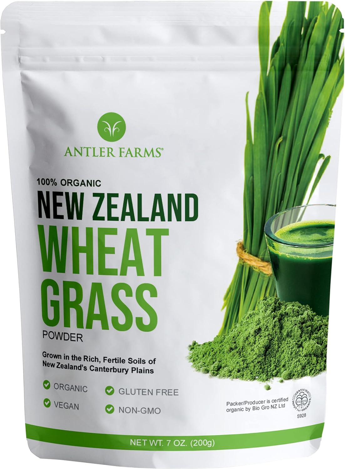 Antler Farms - 100% Pure, Organic, New Zealand Wheatgrass Powder, 40 Servings, 200g - Raw, Vegan, Gluten Free, Nutrient Rich, High Chlorophyll Wheat Grass, Detox, Essential Amino Acids, Minerals
