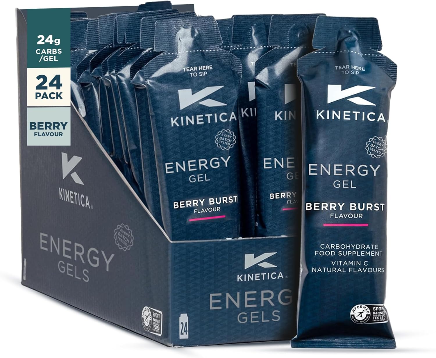 Kinetica Sports Caffeine Free Quick Release Energy Gels - Berry Flavour | 24g Carbohydrates/Serve | 24 x 70g Pack | Vegan & Gluten-Free | Fast Acting Energy Source | Boost Energy & Easy to Digest