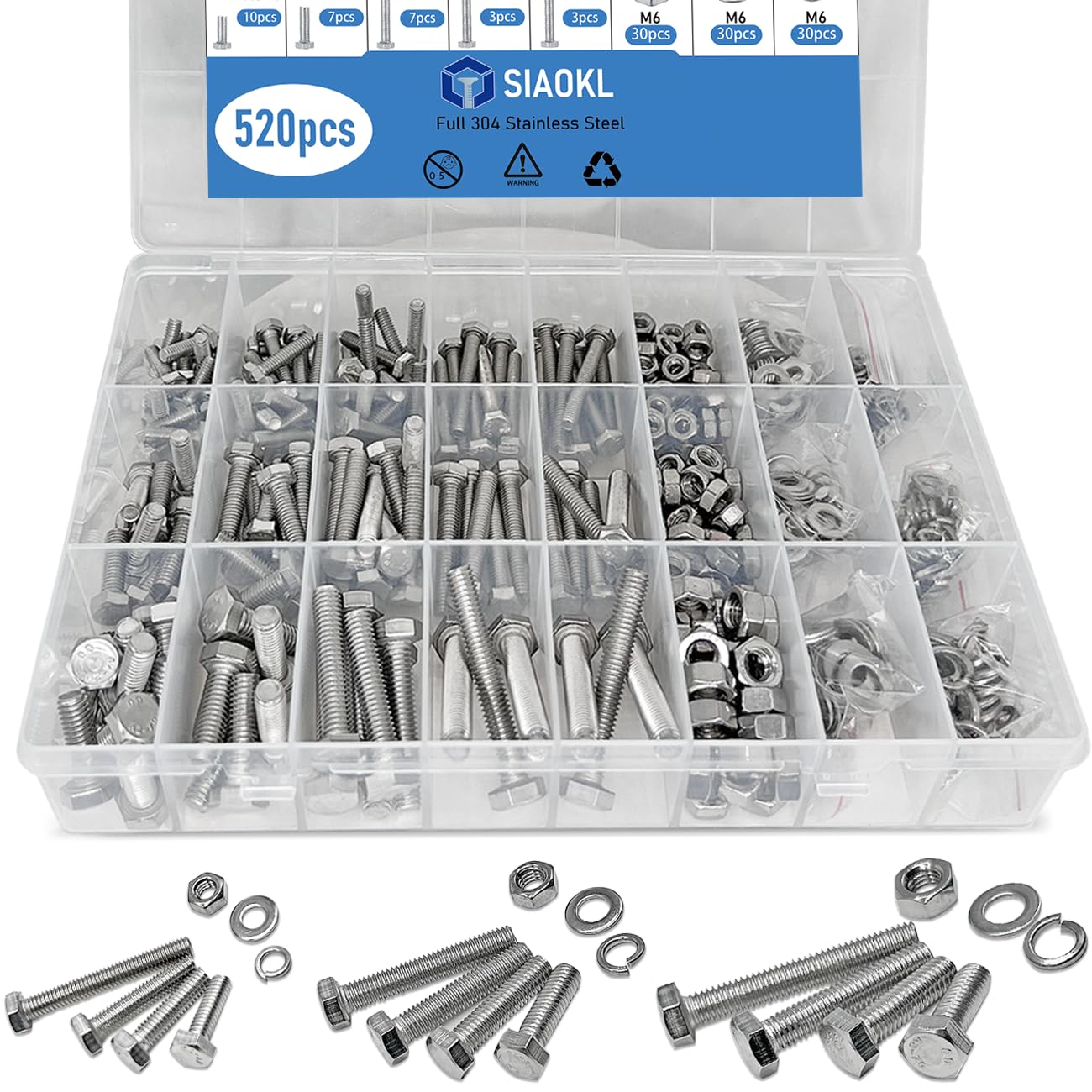 520pcs Hex Bolt and Nuts and Washers Assortment Kit, 304 Stainless Steel Machine Screws Bolts Nuts Flat & Spring Lock Washers Set-M4 M5 M6