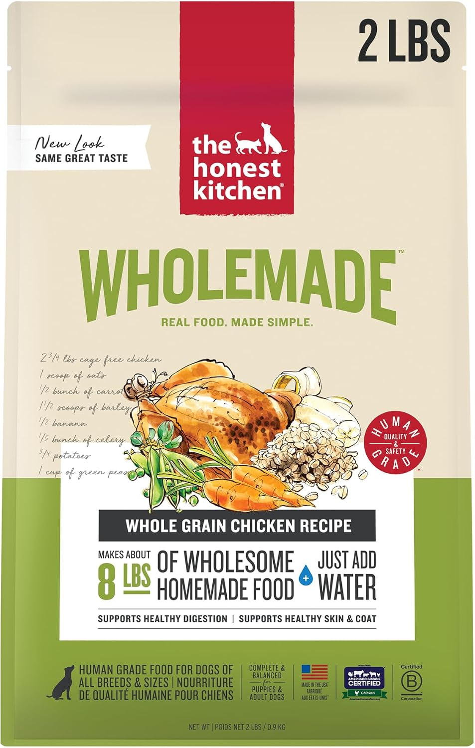 The Honest Kitchen Wholemade Whole Grain Chicken Recipe, Human Grade Dehydrated Dog Food, Just Add Water, Supports Healthy Digestion, Skin & Coat, Topper for Dry or Wet Dog Food, 2 lb Box Makes 8 lbs