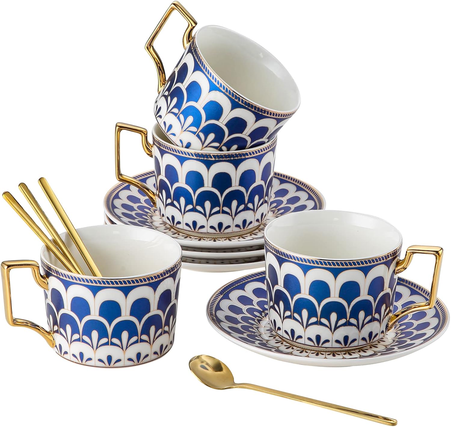 CwlwGO-European Style Ceramic Coffe Cup and Saucer Sets, 7 Oz Bone China Glazed Blue Gold Tea Cup and Saucer, Golden Spoon, Suitable For Women's Tea Party Or Gift Giving (4 pack).……