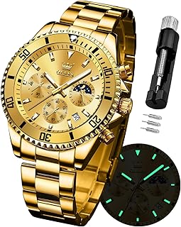 OLEVS Watches for Men Stainless Steel Analog Quartz Chronograph Moon Phase Watch Waterproof Date Luminous Wrist Male Watches,Gift for Men