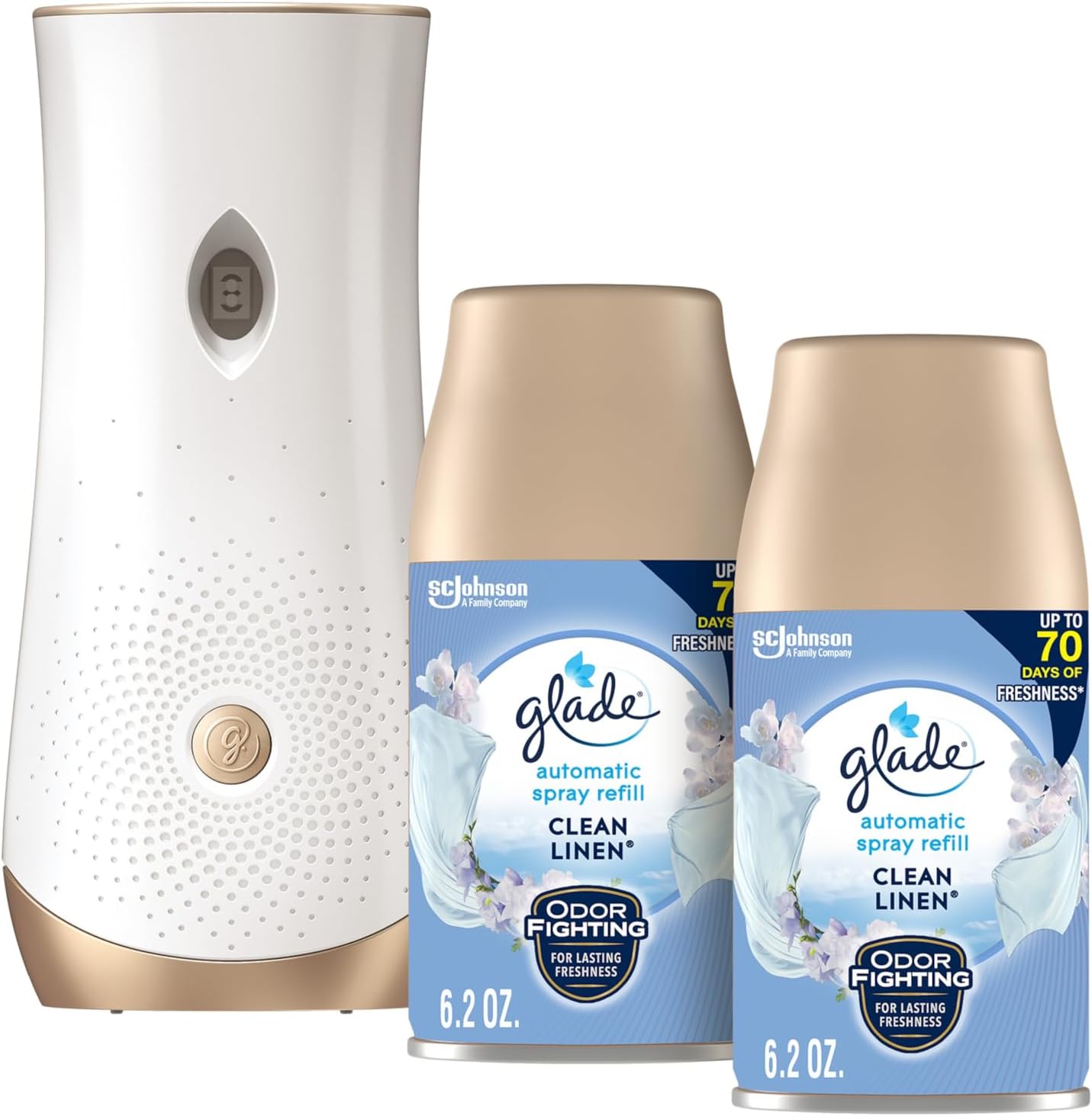Glade Automatic Spray Refill and Holder Kit, Air Freshener for Home and Bathroom, Clean Linen, 6.2 Oz, 2 Count