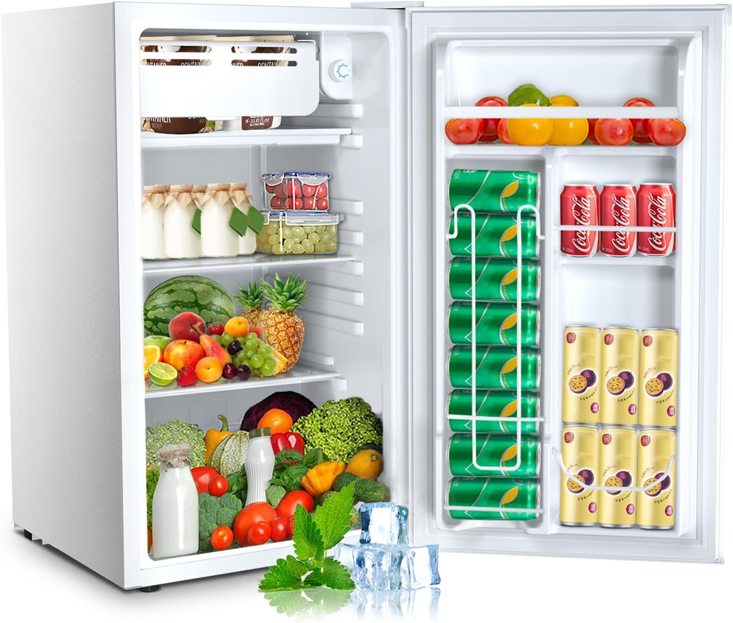 3.2 Cu.ft Mini Fridge with Freezer, Compact Refrigerator with Reversible Single Door, Adjustable Thermostat, Low Noise, Energy Efficient for Office, Dorm, Bedroom, Apartment (WHITE)