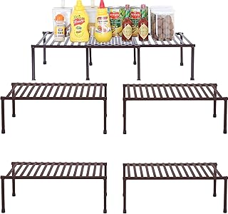 STORAGE MANIAC Set of 4 Expandable Kitchen Rack Wire Shelf Organizer Kitchen Organization Adjustable Metal Pantry Storage, Plate Dish Organizer for Cabinets Shelf Kitchen Counter Organizer, Brown