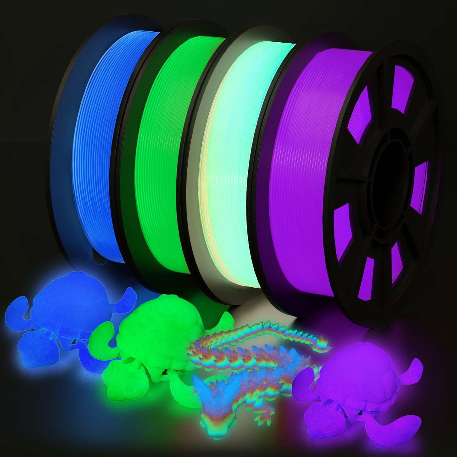 YOUSU 3D Printer Filament Bundle,Glow in The Dark Filament Multicolor,PLA Filament 1.75 mm,Green, Blue,Purple and Rainbow Accuracy +/- 0.03 mm,250g X 4 Pack