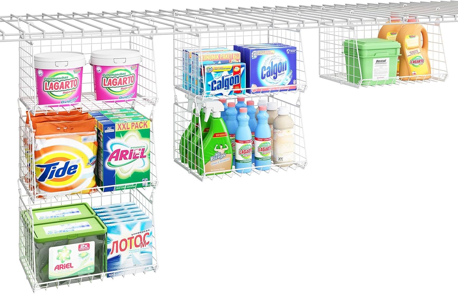 3-Tier Hanging Laundry Basket Organizer：Foldable Wire Shelf Laundry Room Organizer with 360°Rotating Hooks Space Saving Over Washer and Dryer Shelves - Metal laundry organization and storage, white