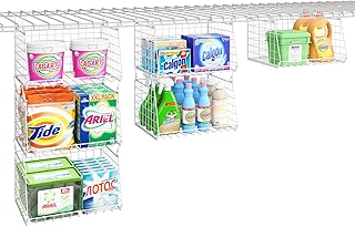 3-Tier Hanging Laundry Basket Organizer：Foldable Wire Shelf Laundry Room Organizer with 360°Rotating Hooks Space Saving Over Washer and Dryer Shelves - Metal laundry organization and storage, white