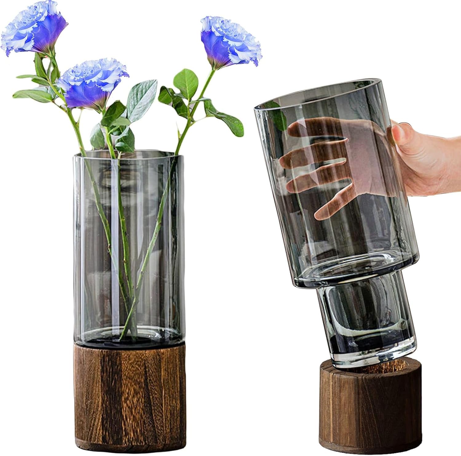 Glass Vase Cylindrical Smoked Grey Flower Vase with Wooden Base Plant Vases for Pampas Grass Dried Flowers, Boho Rustic Style Vases for Wedding Home Decor Table Centerpieces 10Inch/25Cm Tall (Clear)