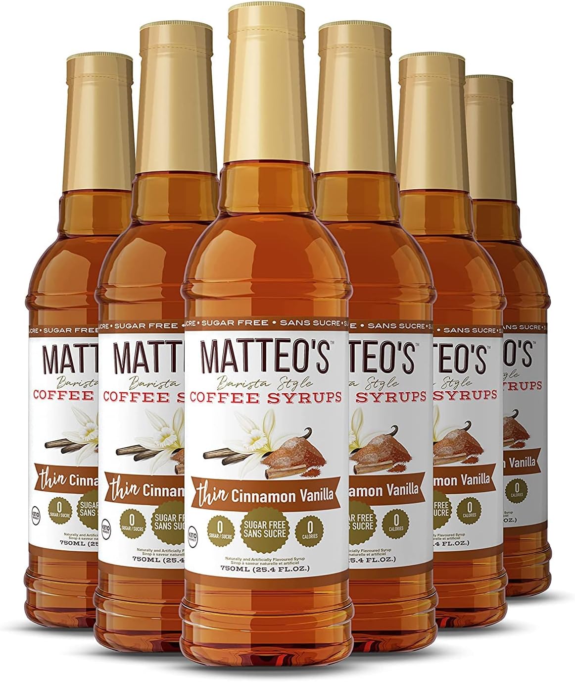 Matteo's Sugar Free Coffee Flavoring Syrup, Cinnamon Vanilla, Delicious Coffee Syrup, 0 Calorie, 0 Sugar Coffee Syrups, Keto Friendly, 25.4 Oz, 6Count