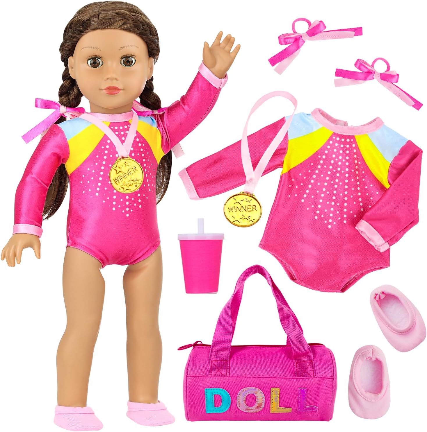 K.T. Fancy 18 Inch Doll Gymnastics Clothes Set - Pink Leotard, Shoes, Gym Bag, Olympic Medal, Water Bottle & Hair Accessories for Play, Doll Not Included