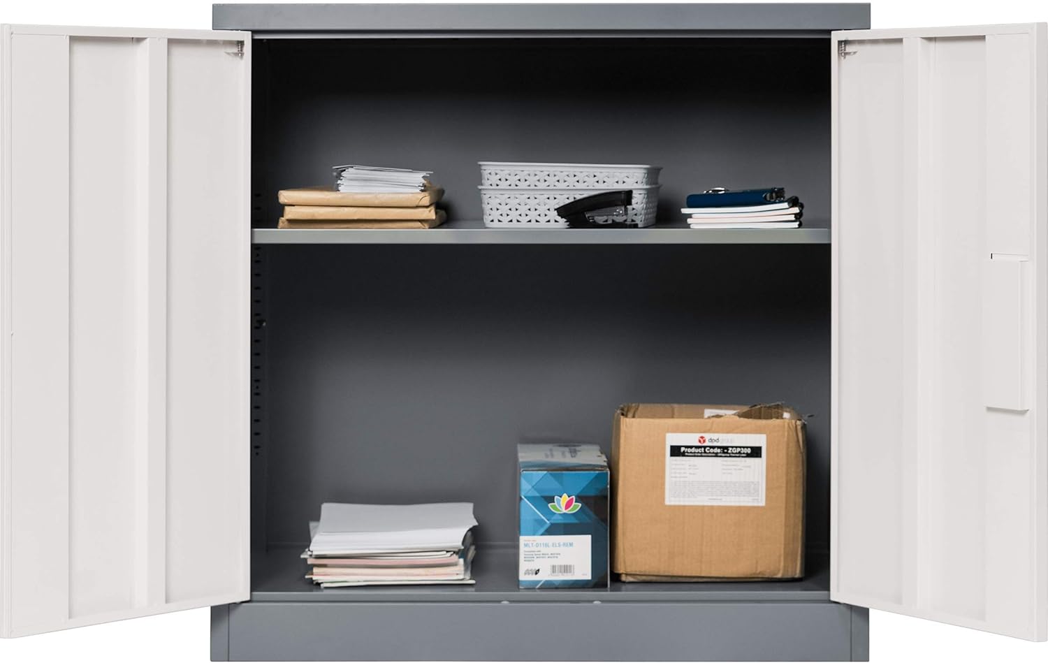 The Workplace Depot Metal Storage Cabinet – Contemporary Lockable Steel Cupboard with Adjustable Interior Shelf, 900H x 900W x 450D mm – Durable, Secure - Perfect for Offices & Workspaces (Grey)