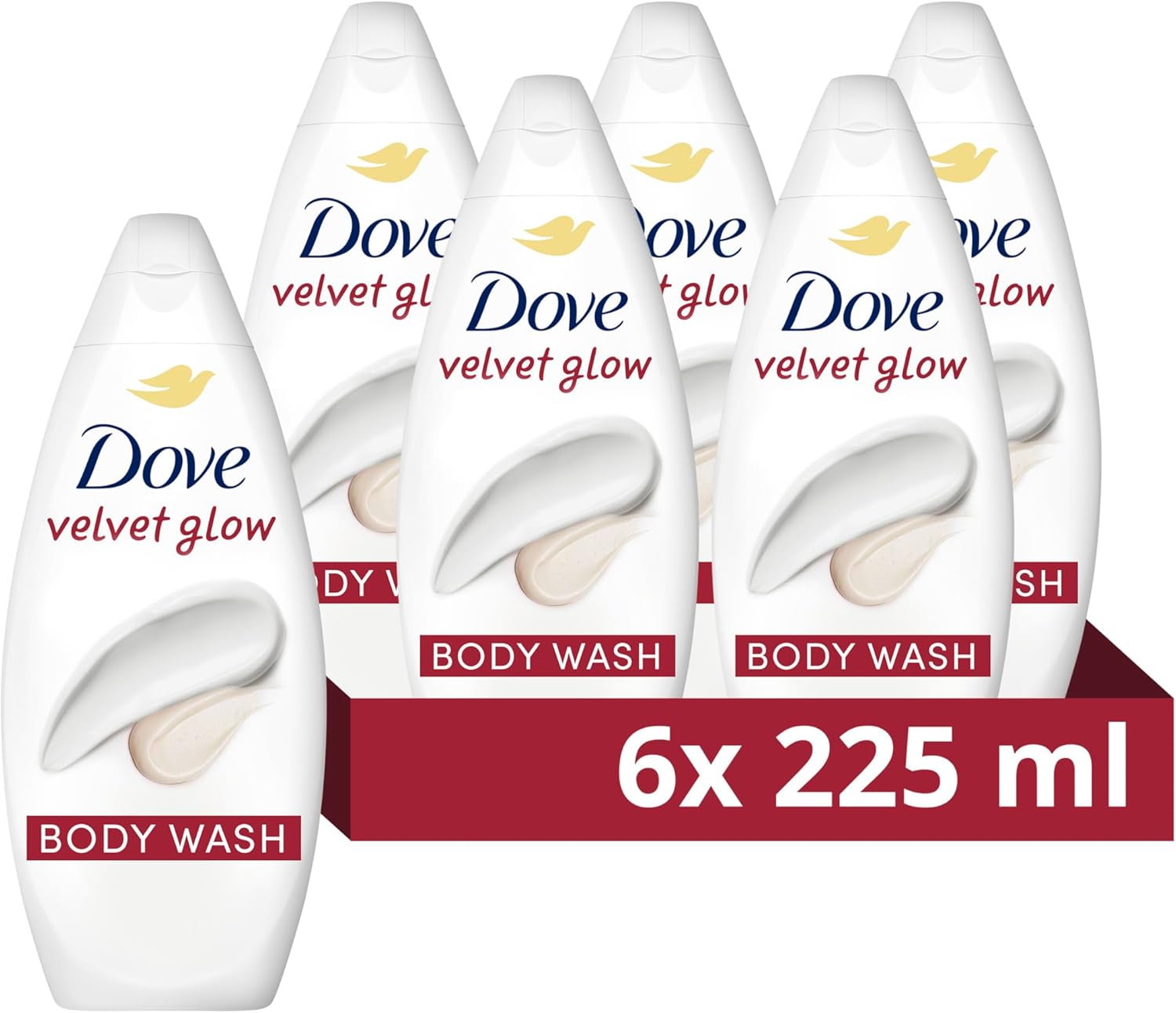 Dove Velvet Glow Body Wash Body Cleanser shower gel with plant-based moisturisers for softer, smoother skin after one shower 6x 225 ml