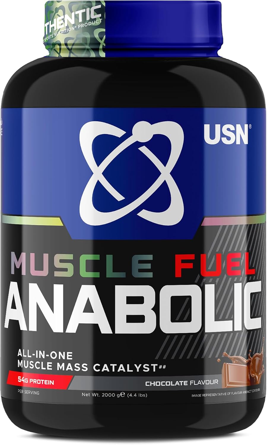 USN Muscle Fuel Anabolic All-In-One Muscle Mass Gainer, Chocolate Flavour - 2kg, 54g Protein Powder, 5g Creatine Powder & 5g BCAA Powder For Maximum Muscle Growth, Post Workout Recovery Drink Mix