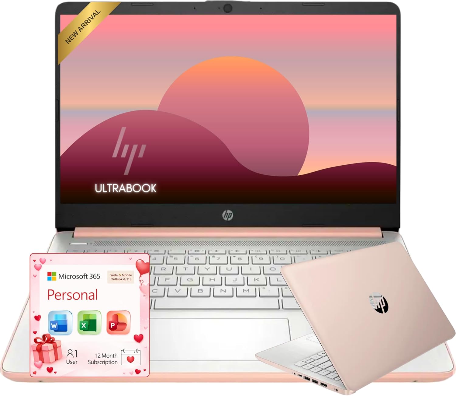 HP Rose Gold Ultrabook Laptop with Microsoft Office 365, 1.1TB Storage (1TB OneDrive and 64GB SSD), 8GB RAM, Intel Multi-Core, No Mouse | Casual Use, Stunning Color, Quick Setup, Lightweight