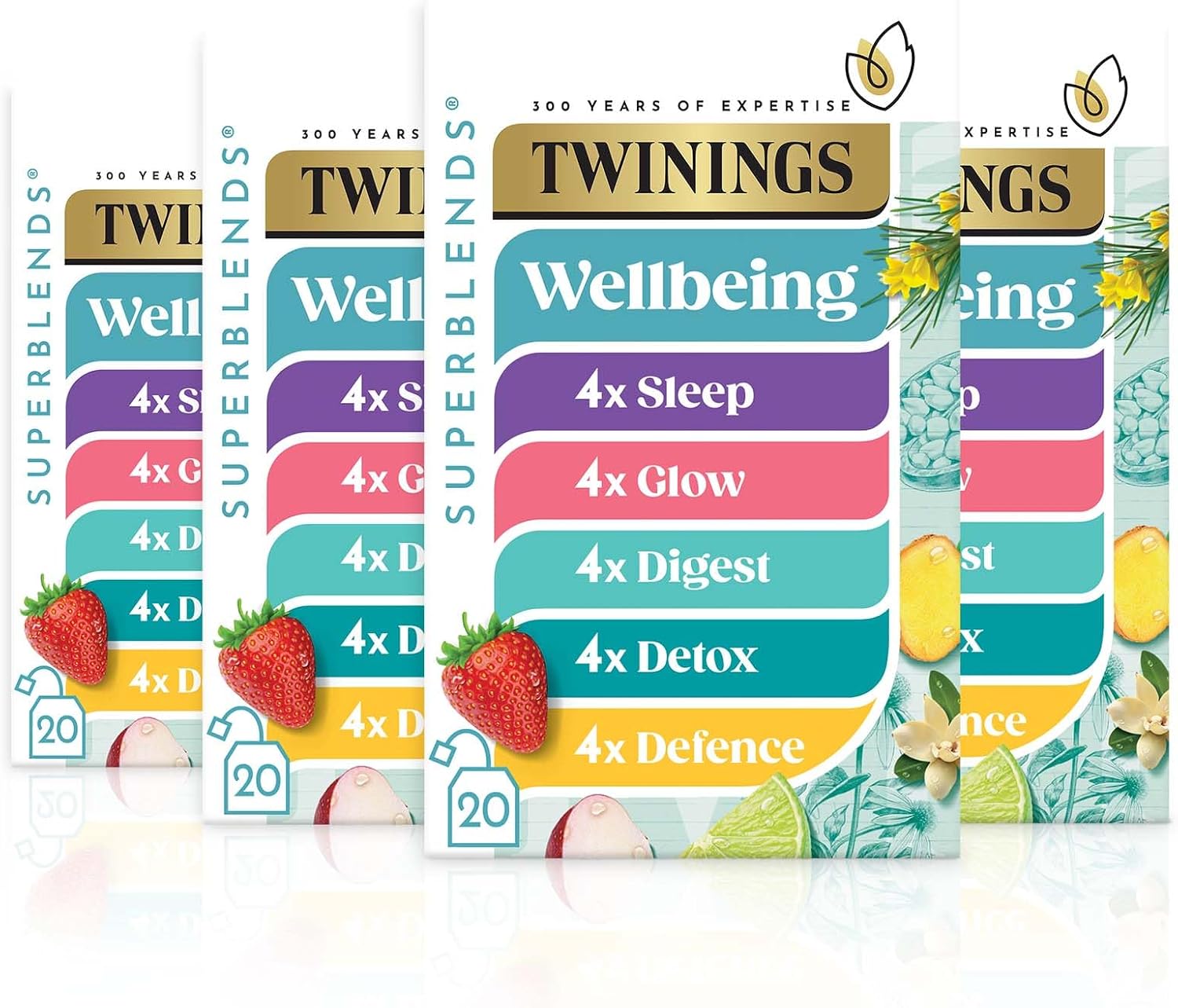 Twinings Superblends Wellbeing Collection - Selection of our bestselling blends: Defence, Glow, Digest, Detox & Sleep Tea Bags, 4 x boxes of 20 biodegradable tea bags, 80 bags in total