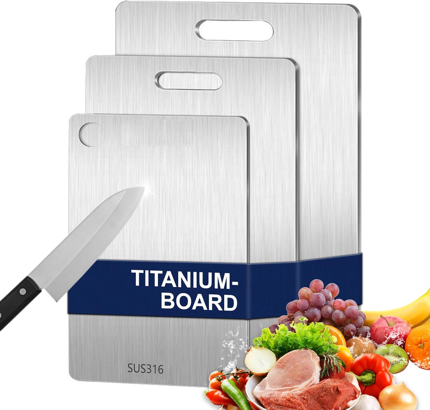 3PCS Titanium Cutting Board, S316 Stainless Steel Chopping Board, Double-Sided Food Grade Cutting Board, Dishwasher Safe Ideal for Handling Meat and Vegetables Separately